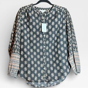 Lucky Brand Black Print Collarless Long Sleeve Printed Top - NWT
